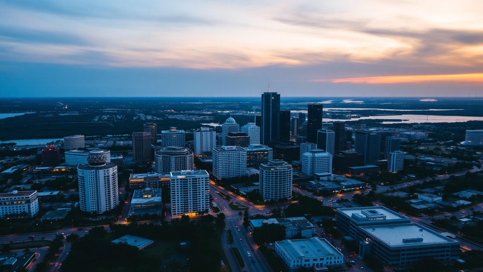 Aerial view of a Central Florida city skyline at dusk